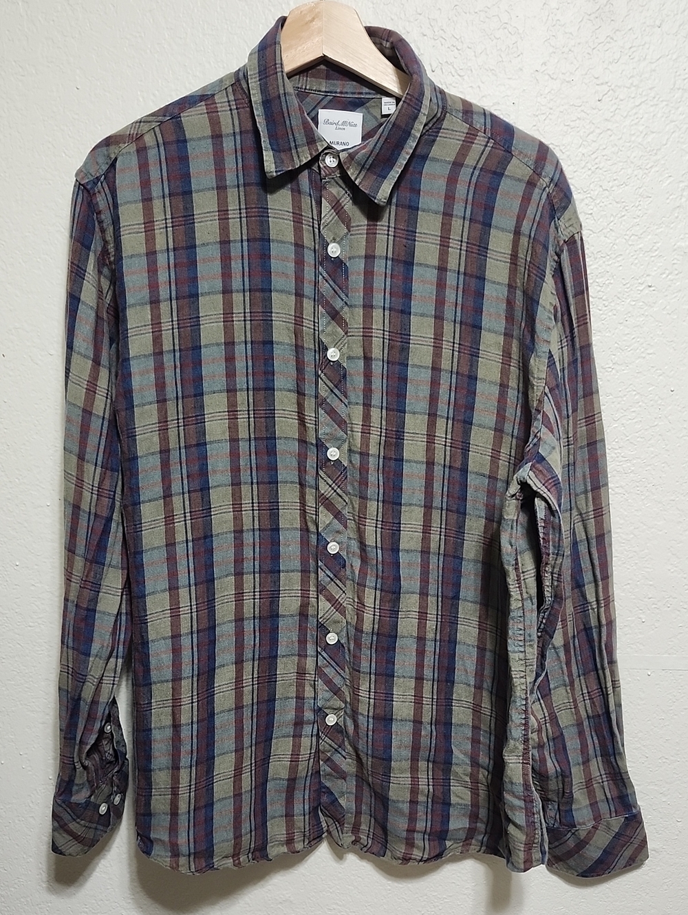 Murano Baird McNutt 100% Irish Linen Shirt Men's Sz L Plaid Earthy Long Sleeve